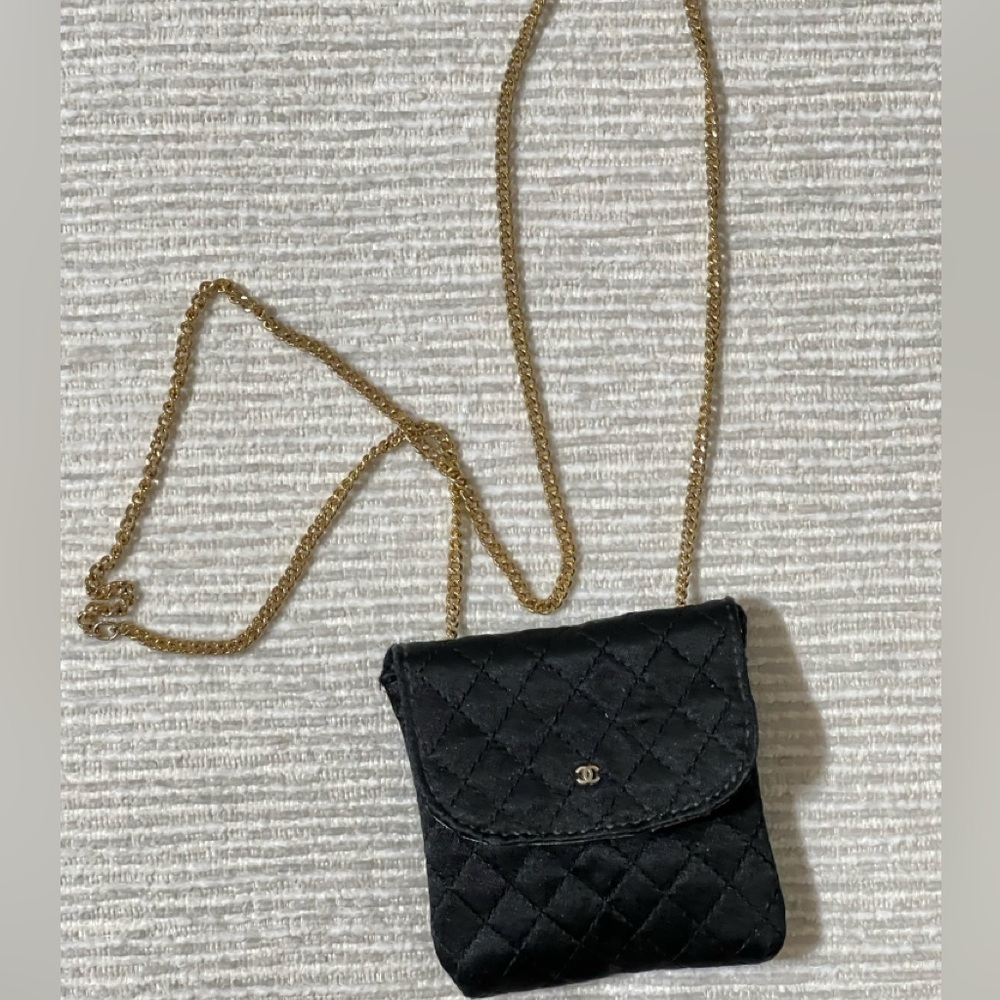 Authentic Chanel RARE Black 1990s Vintage Quilted Satin Micro Flap Bag Necklace